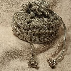 Silver Crotcheted Drawstring Evening Bag